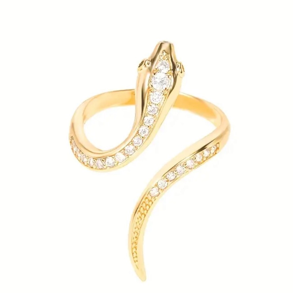 Gold Snake Wrap Ring – CZ Pave Serpent Bypass Ring – Adjustable Statement 
J